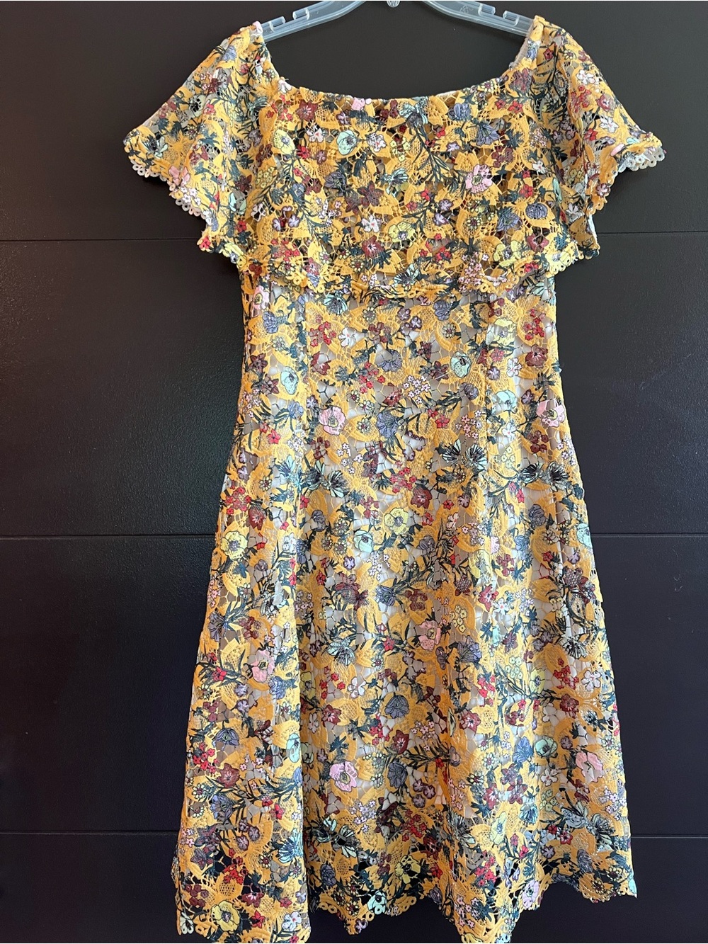 Alex Marie Mustard Yellow Floral Lace Overlay Dress